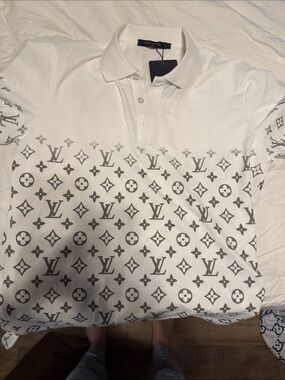 Louis Vuitton White Polo with Gray Monogram Gradient with ACTUAL RECEIPT/TAGS
